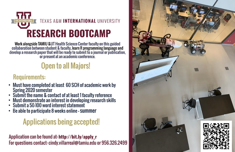 Eight week long program for TAMIU upper-level undergraduate (60+ credit hours) or graduate students. Students will take on a research project while learning new skills such as data analysis, R programming language, overview of scientific method & research and ultimately produce a research paper ready to be submitted to a journal or publication, or present at an academic conference. Open to all Majors! Virtual instruction this Summer 2020.