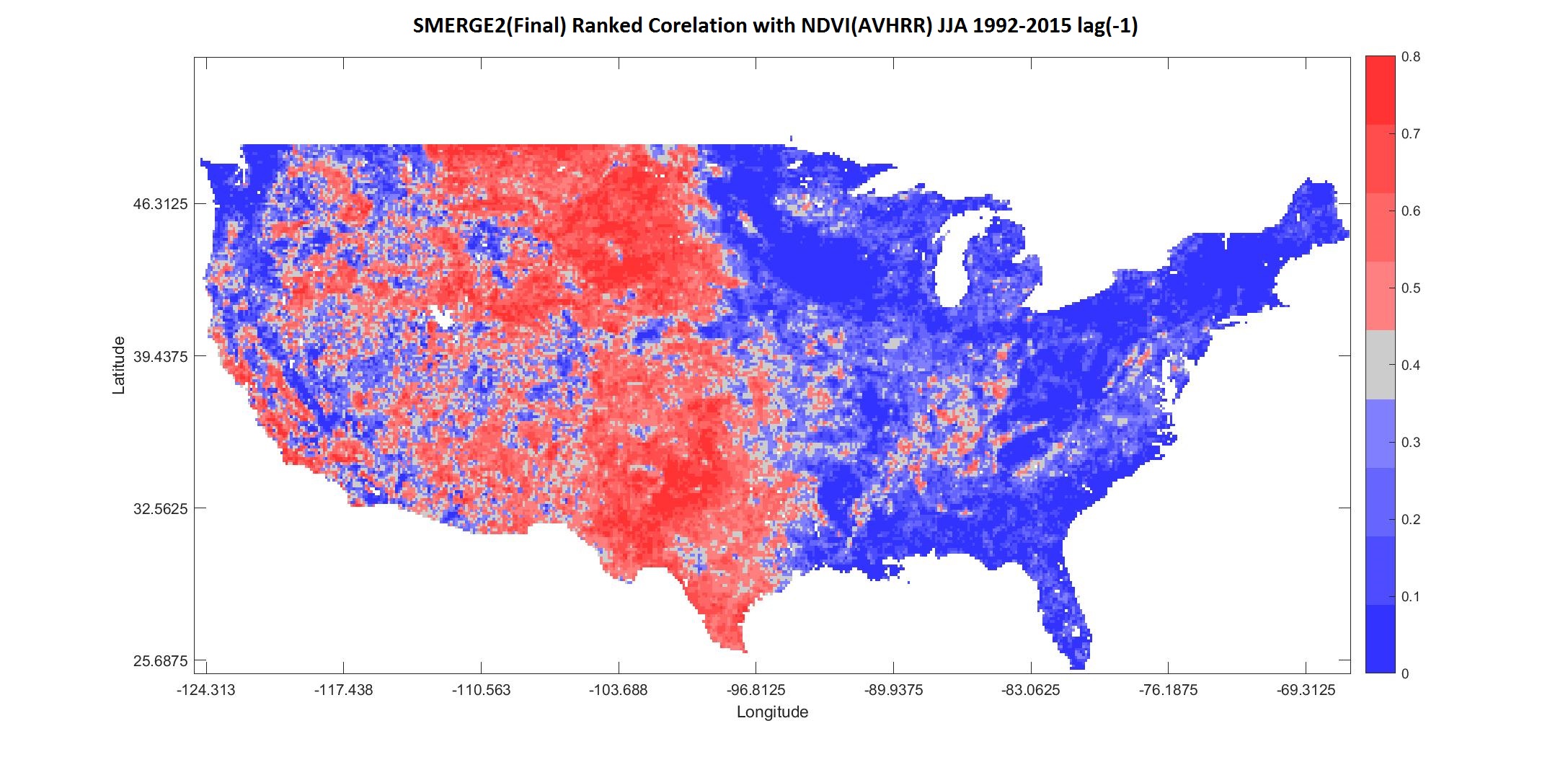 SMERGE2(Final) Ranked Corelation with NDV(AVHRR) JJA 1992-2015 (lag-1) | smerge_validation1