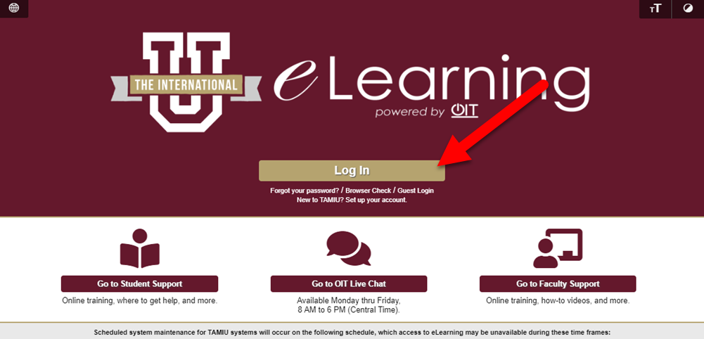 Arrow pointing to the the location of the Log In button in Blackboard.