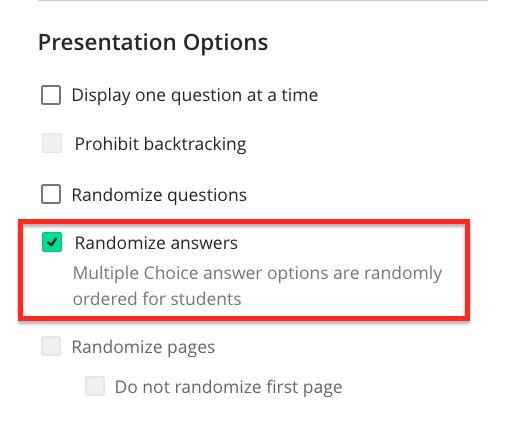 Question Options section, displaying 'Show Answers in Random Order' as enabled.