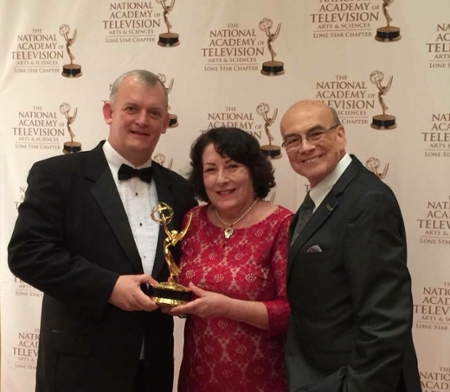 Emmy Win ‘Rhapsody on the Rio Grande” has been awarded the Lone Star Chapter Regional Emmy in the “Documentary-Topical” Category, from among eight nominees.  Left to right are Texas A&M International University’s Dr. Colin Campbell, composer for the documentary’s score; Rosanne Palacios, TAMIU vice president for Institutional Advancement, and Arthur Emerson, president and CEO of KLRN which produced the film, in partnership with TAMIU, along with generous funding from the City of Laredo.