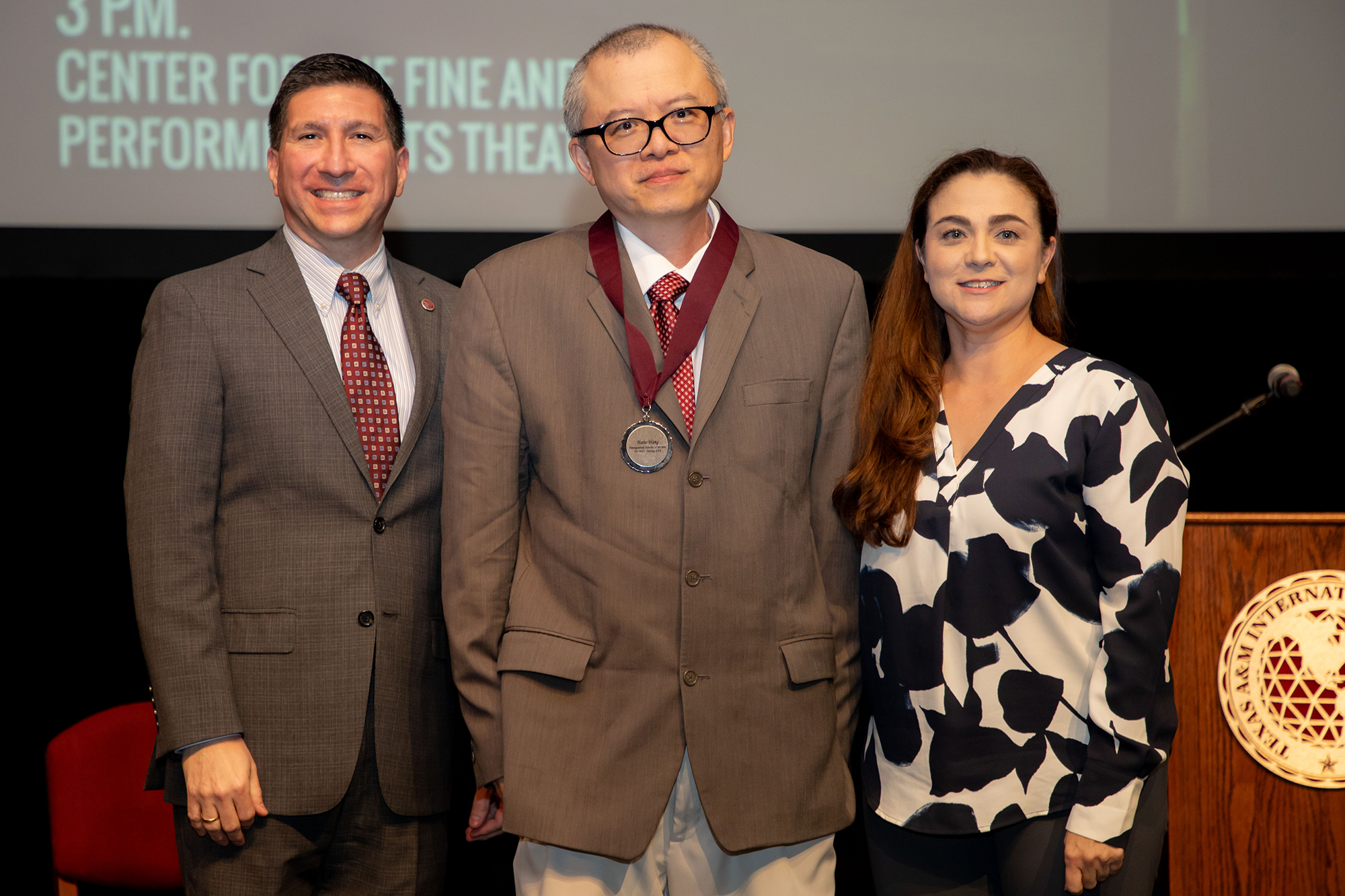 The Distinguished Scholar Award was awarded to Dr. Haibo Wang, Distinguished Professor, Division of International Business & Technology Studies. A.R. Sanchez, Jr. School of Business