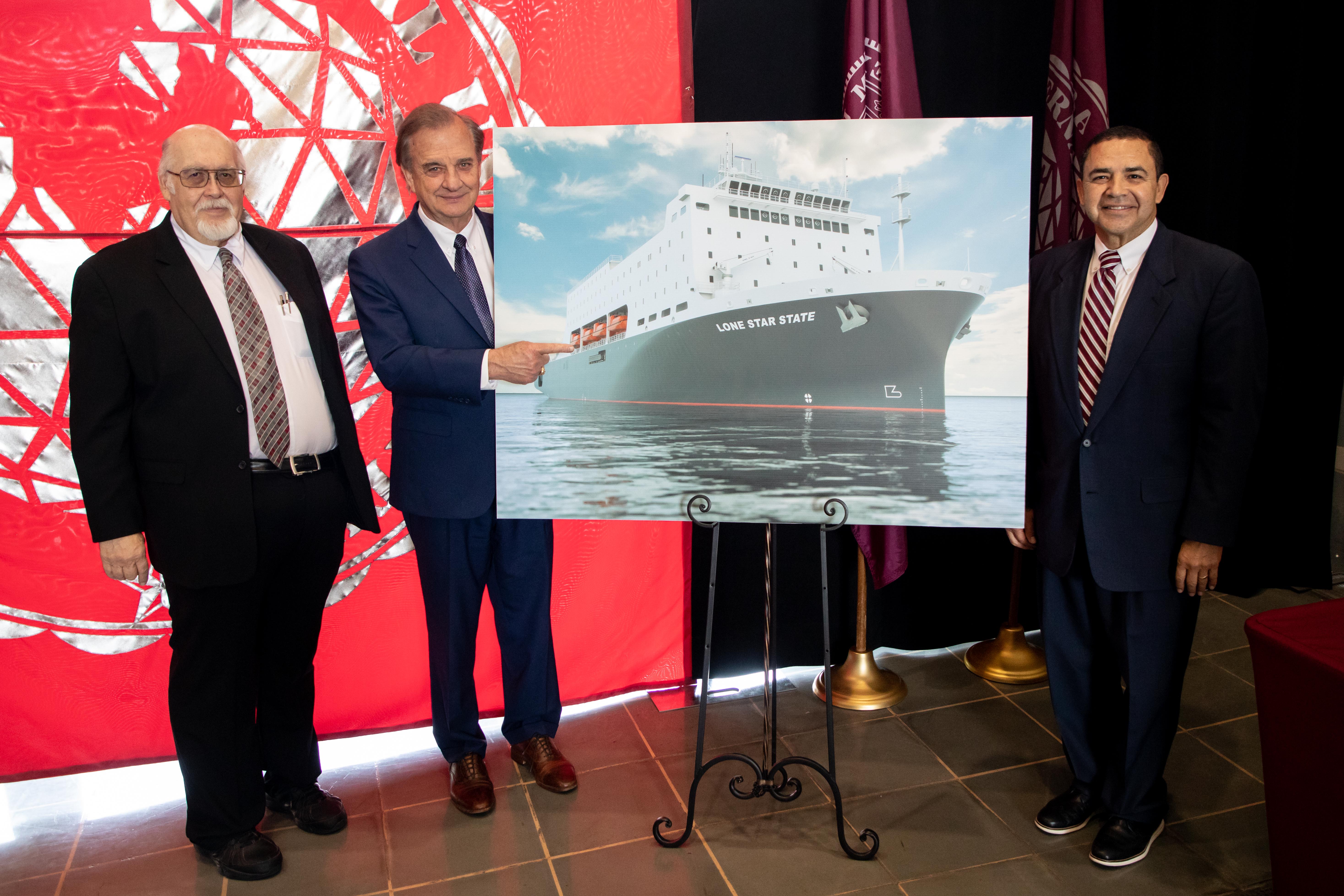 TAMIU president Dr. Pablo Arenaz joins Chancellor John Sharp and Congressment Henry Cuellar in celebrating a new partnership with TAMU-Galveston