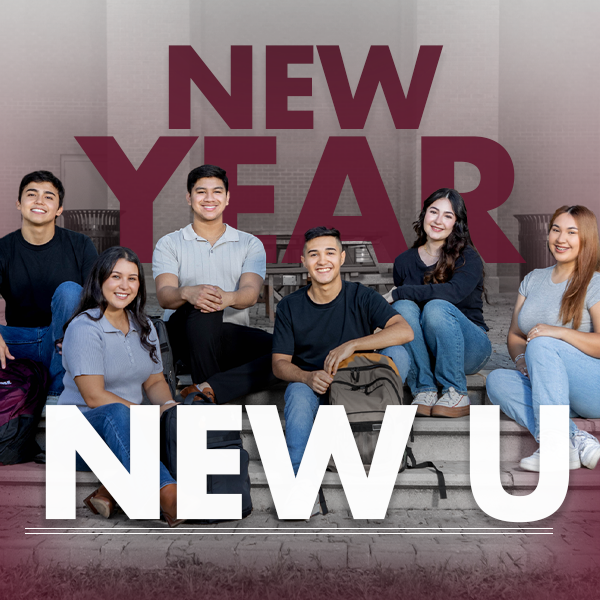 A group of students sitting outside of a TAMIU building with the text New Year New U surrounding them