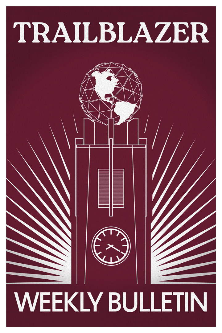 Dustdevil Trailblazer artwork featuring President Dr. Arenaz and the AIC clock tower