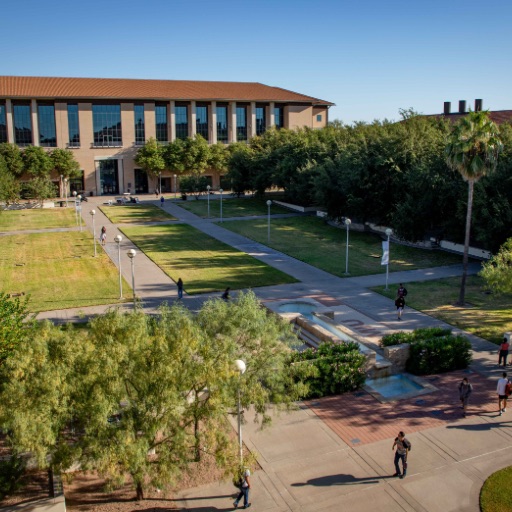 Aerial view of TAMIU Killam Library and Acequia Fountain