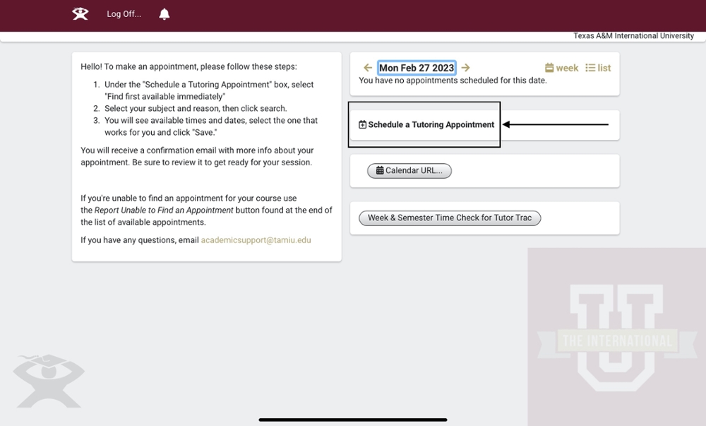 Schedule a tutoring appointment screen